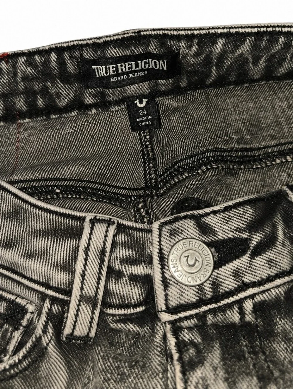 True Religion Vintage Charcoal Wash Cargo Denim Midi Slit Skirt Size 24